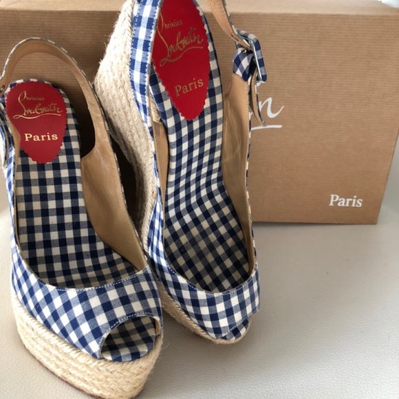 CHRISTIAN LOUBOUTIN Blue and white gingham wedges - Picture 1 of 5